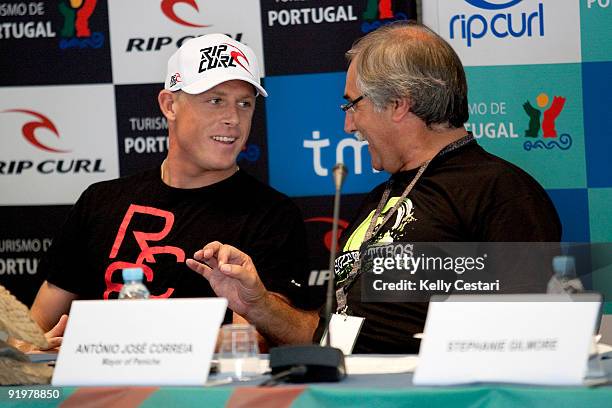 Mick Fanning of Australia and Peniche Mayor Antonio Jose Correia were on hand to answer questions at the Rip Curl Pro Search press conference on...