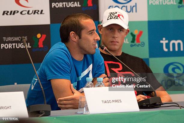 Tiago Pires of Portugal and Mick Fanning of Australia were on hand to answer questions at the Rip Curl Pro Search press conference on October 18,...