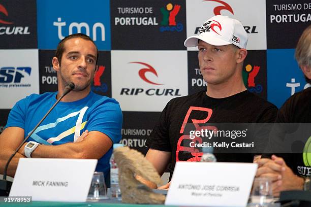 Tiago Pires of Portugal and Mick Fanning of Australia were on hand to answer questions at the Rip Curl Pro Search press conference on October 18,...