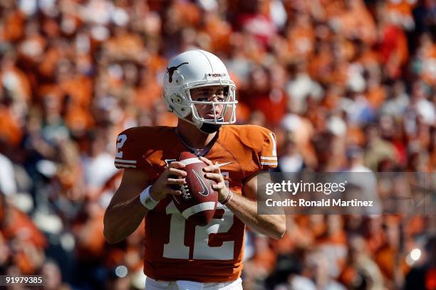 Quarterback Colt McCoy of the Texas Longhorns at Cotton Bowl on October 17, 2009 in Dallas, Texas.