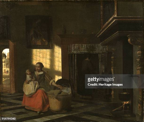 Interior with a Mother close to a Cradle, ca 1665. Found in the collection of Nationalmuseum Stockholm.