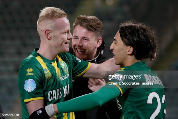 Tom Beugelsdijk of ADO Den Haag, Indy Groothuizen of ADO Den Haag, Nasser El Khayati of ADO Den Haag during the Dutch Eredivisie match between ADO...