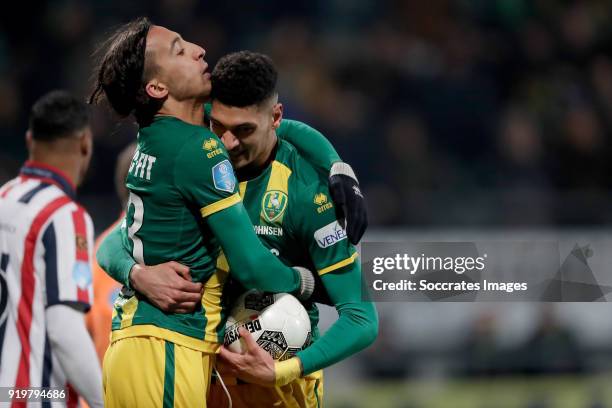 Bjorn Johnsen of ADO Den Haag celebrates 1-1 with Nasser El Khayati of ADO Den Haag during the Dutch Eredivisie match between ADO Den Haag v Willem...