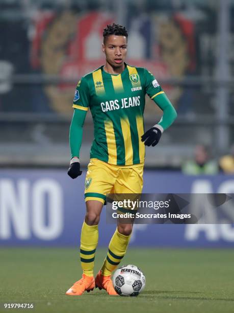 Tyronne Ebuehi of ADO Den Haag during the Dutch Eredivisie match between ADO Den Haag v Willem II at the Cars Jeans Stadium on February 17, 2018 in...