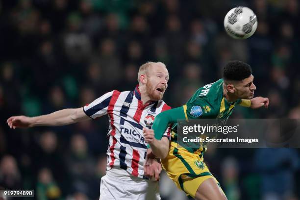 Jop van der Linden of Willem II, Bjorn Johnsen of ADO Den Haag during the Dutch Eredivisie match between ADO Den Haag v Willem II at the Cars Jeans...