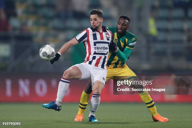 Fran Sol of Willem II, Wilfried Kanon of ADO Den Haag during the Dutch Eredivisie match between ADO Den Haag v Willem II at the Cars Jeans Stadium on...