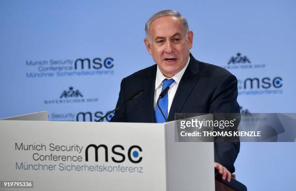 Israeli Prime Minister Benjamin Netanyahu gives a speech during the Munich Security Conference on February 18, 2018 in Munich, southern Germany....