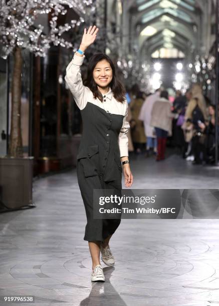 Rejina Pyo walks the runway at the REJINA PYO show during London Fashion Week February 2018 at 6 Burlington Gardens on February 18, 2018 in London,...