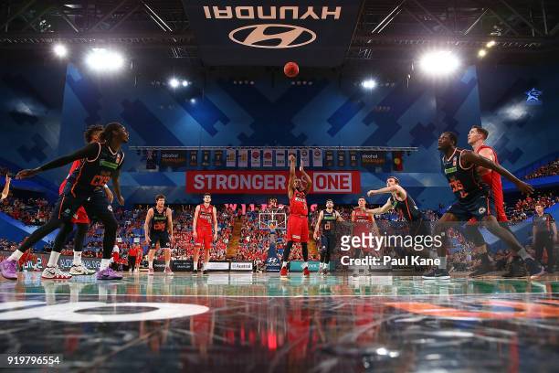 Bryce Cotton of the Wildcats shoots a free throw during the round 19 NBL match between the Perth Wildcats and the Cairns Taipans at Perth Arena on...