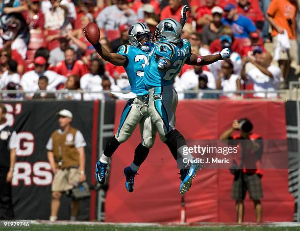 Safety Charles Godfrey and running back Jonathan Stewart of the Carolina Panthers celebrate a turnover against the Tampa Bay Buccaneers during the...