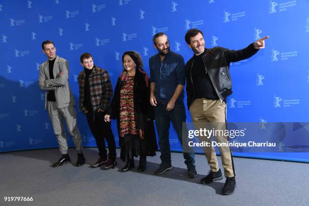 Damien Chapelle, Anthony Bajon, Hanna Schygulla, Cedric Kahn and Alex Brendemuehl pose at the 'The Prayer' photo call during the 68th Berlinale...