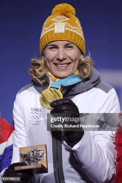 Gold medalist Anastasiya Kuzmina of Slovakia celebrates during the victory ceremony for the Women's 12.5km Mass Start Biathlon on day nine of the...