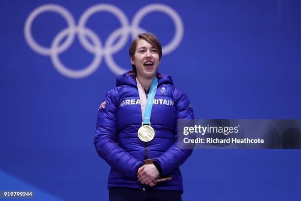 Gold medalist Lizzy Yarnold of Great Britain celebrates during the medal ceremony for the Women's Skeleton on day nine of the PyeongChang 2018 Winter...