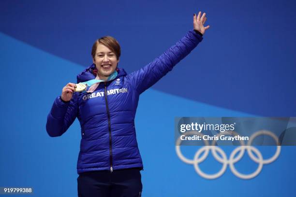 Gold medalist Lizzy Yarnold of Great Britain celebrates during the medal ceremony for the Women's Skeleton on day nine of the PyeongChang 2018 Winter...