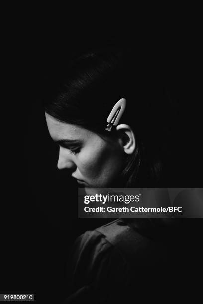 Model backstage ahead of the Jasper Conran show during London Fashion Week February 2018 at Claridges Hotel on February 17, 2018 in London, England.