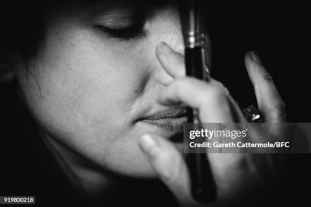 Model backstage ahead of the Jasper Conran show during London Fashion Week February 2018 at Claridges Hotel on February 17, 2018 in London, England.