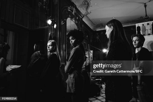 Models backstage ahead of the Jasper Conran show during London Fashion Week February 2018 at Claridges Hotel on February 17, 2018 in London, England.