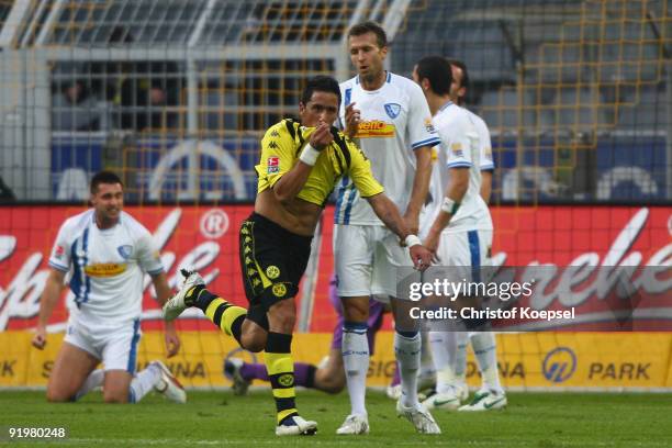 Lucas Barrios of Dortmund celebrates his team's first goal during the Bundesliga match between Borussia Dortmund and VfL Bochum at the Signal Iduna...