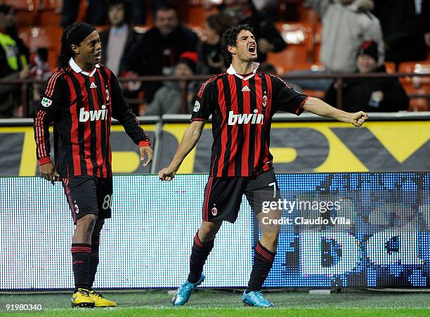 Alexandre Pato and Ronaldinho of AC Milan celebrate after Milan's second goal during the Serie A match between AC Milan and AS Roma at Stadio...