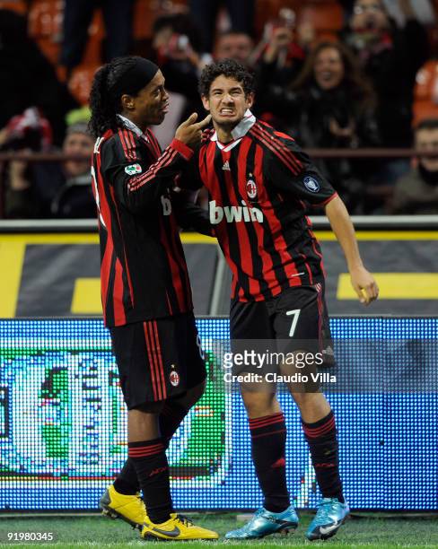 Alexandre Pato and Ronaldinho of AC Milan celebrate after Milan's second goal during the Serie A match between AC Milan and AS Roma at Stadio...