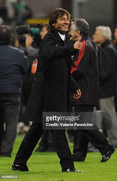 Milan Head coach Nascimento de Araujo Leonardo celebrates victory after the Serie A match between AC Milan and AS Roma at Stadio Giuseppe Meazza on...