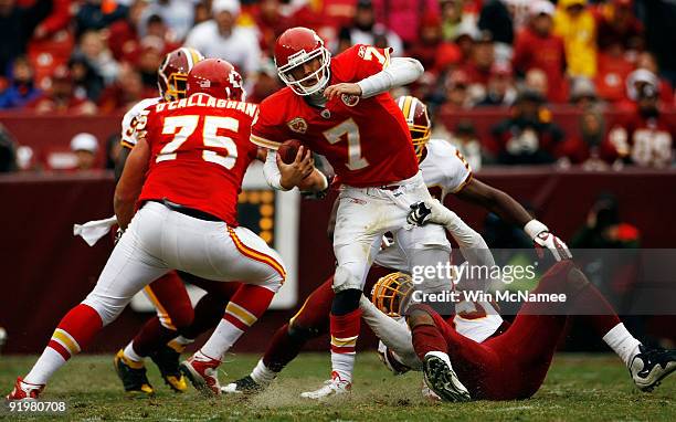 Andre Carter of the Washington Redskins sacks Matt Cassel of the Kansas City Chiefs during their game October 18, 2009 at FedEx Field in Landover,...