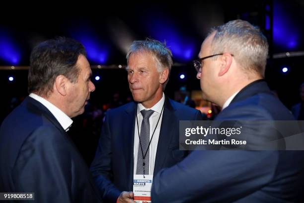 Jens Meier , president of Hamburger Sport Verein e.V. Talks to Heribert Bruchhagen , president of Hamburger SV on during Hamburger SV General...