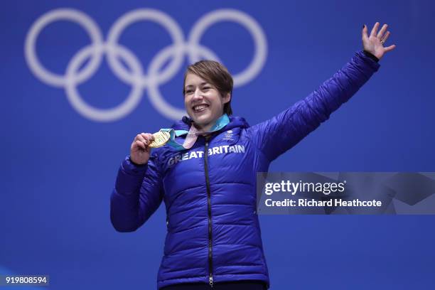 Gold medalist Lizzy Yarnold of Great Britain celebrates during the medal ceremony for the Women's Skeleton on day nine of the PyeongChang 2018 Winter...