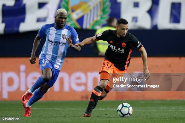 Brown Ideye of Malaga CF, Francis Coquelin of Valencia CF during the La Liga Santander match between Malaga v Valencia at the Estadio La Rosaleda on...