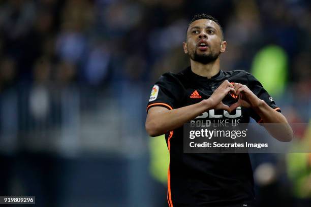 Francis Coquelin of Valencia CF celebrates 1-1 during the La Liga Santander match between Malaga v Valencia at the Estadio La Rosaleda on February...