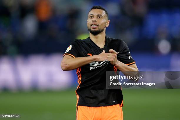 Francis Coquelin of Valencia CF during the La Liga Santander match between Malaga v Valencia at the Estadio La Rosaleda on February 17, 2018 in...