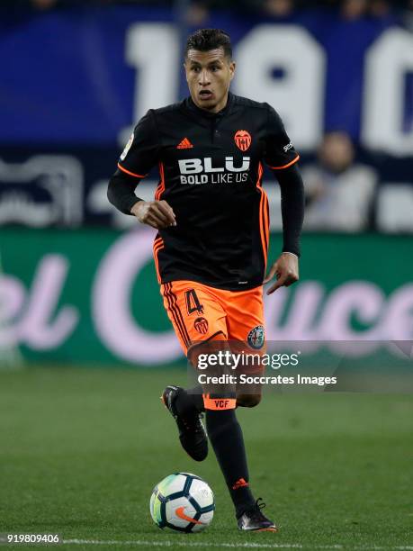 Jeison Murillo of Valencia CF during the La Liga Santander match between Malaga v Valencia at the Estadio La Rosaleda on February 17, 2018 in Malaga...