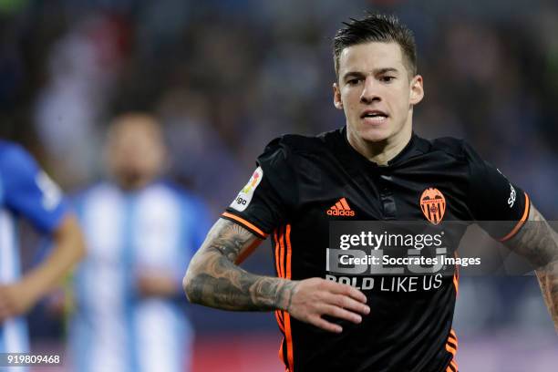 Santi Mina of Valencia CF during the La Liga Santander match between Malaga v Valencia at the Estadio La Rosaleda on February 17, 2018 in Malaga Spain