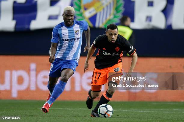 Brown Ideye of Malaga CF, Francis Coquelin of Valencia CF during the La Liga Santander match between Malaga v Valencia at the Estadio La Rosaleda on...