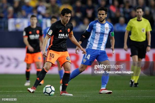 Daniel Parejo of Valencia CF, Recio of Malaga CF during the La Liga Santander match between Malaga v Valencia at the Estadio La Rosaleda on February...