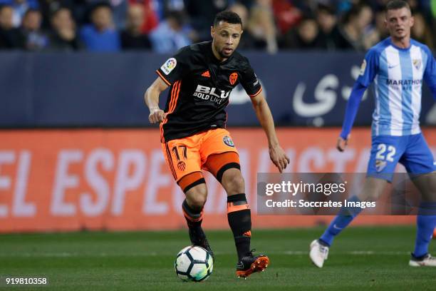 Francis Coquelin of Valencia CF during the La Liga Santander match between Malaga v Valencia at the Estadio La Rosaleda on February 17, 2018 in...