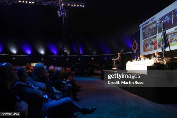 Jens Meier, president of Hamburger Sport Verein e.V. Talks during Hamburger SV General Assembly at Kuppel on February 18, 2018 in Hamburg, Germany.