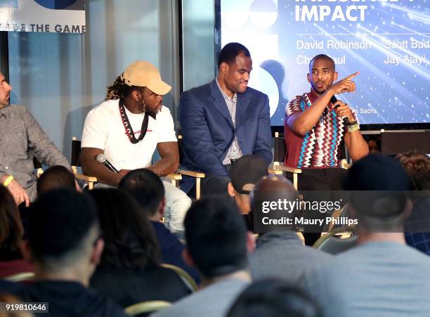 Scott Budnick, Jay Ajayi, David Robinson and Chris Paul speak onstage at the Big Summit Panel during NBA All-Star Weekend on February 17, 2018 in Los...