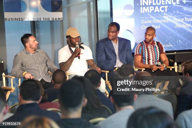 Scott Budnick, Jay Ajayi, David Robinson and Chris Paul speak onstage at the Big Summit Panel during NBA All-Star Weekend on February 17, 2018 in Los...