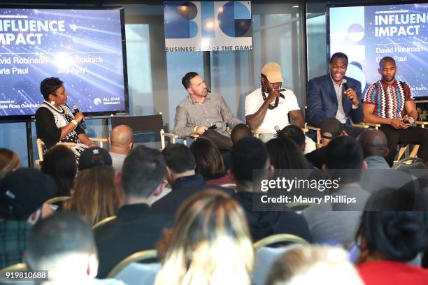 Nicole Ross, Scott Budnick, Jay Ajayi, David Robinson and Chris Paul speak onstage at the Big Summit Panel during NBA All-Star Weekend on February...