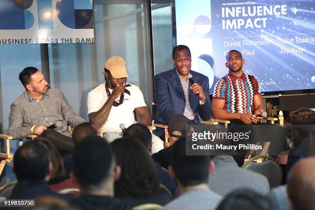 Scott Budnick, Jay Ajayi, David Robinson and Chris Paul speak onstage at the Big Summit Panel during NBA All-Star Weekend on February 17, 2018 in Los...