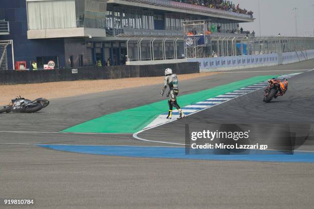 Aleix Espargaro of Spain and Aprilia Racing Team Gresini walks out of track after crashed out during the MotoGP Tests In Thailand on February 18,...