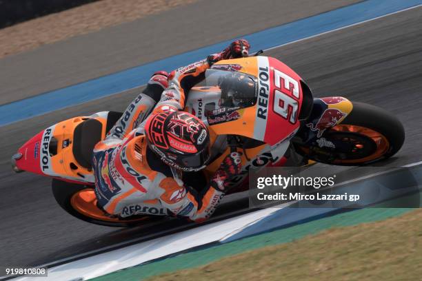 Marc Marquez of Spain and Repsol Honda Team rounds the bend during the MotoGP Tests In Thailand on February 18, 2018 in Buri Ram, Thailand.