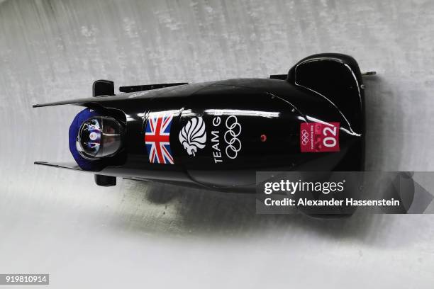 Brad Hall and Joel Fearon of Great Britain slide during two-man Bobsleigh heats on day nine of the PyeongChang 2018 Winter Olympic Games at Olympic...