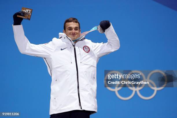 Silver medalist Nick Goepper of the United States celebrates during the medal ceremony for the Freestyle Skiing Men's Ski Slopestyle on day nine of...