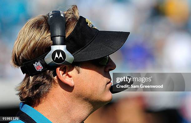 Head coach Jack Del Rio of the Jacksonville Jaguars watches the action during the game at Jacksonville Municipal Stadium on October 18, 2009 in...