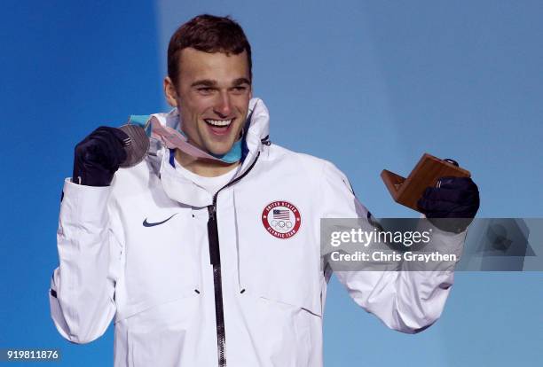 Silver medalist Nick Goepper of the United States celebrates during the medal ceremony for the Freestyle Skiing Men's Ski Slopestyle on day nine of...