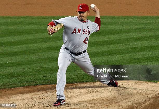 Brian Fuentes of the Los Angeles Angels of Anaheim pitches against the New York Yankees in Game Two of the ALCS during the 2009 MLB Playoffs on...