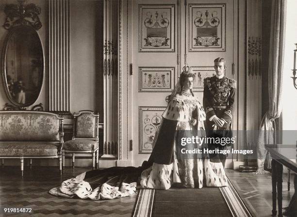 Grand Duchess Maria Pavlovna and Prince Wilhelm, Duke of Södermanland. Wedding photo in Catherine Palace at Tsarskoye Selo, 1908. Found in the...