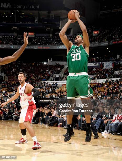 Rasheed Wallace of the Boston Celtics takes the uncontested jumper during a game against the Toronto Raptors on October 18, 2009 at the Air Canada...